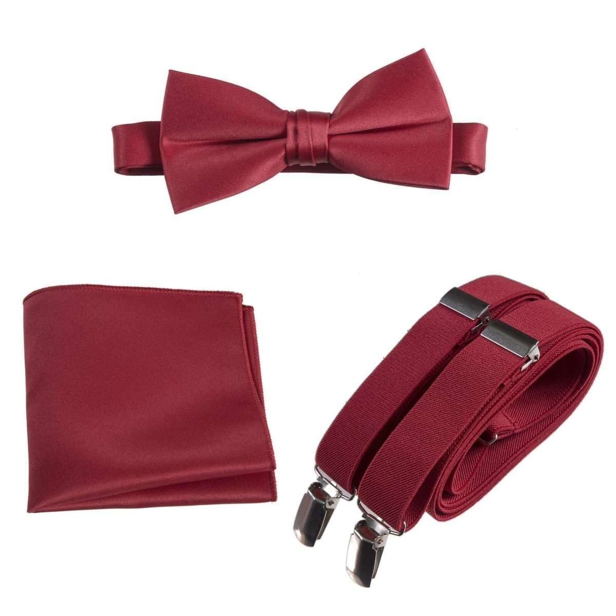 Pre - tied Satin Bow Tie & Pocket Square with Adjustable Stretch Elastic Suspender - Tuxgear