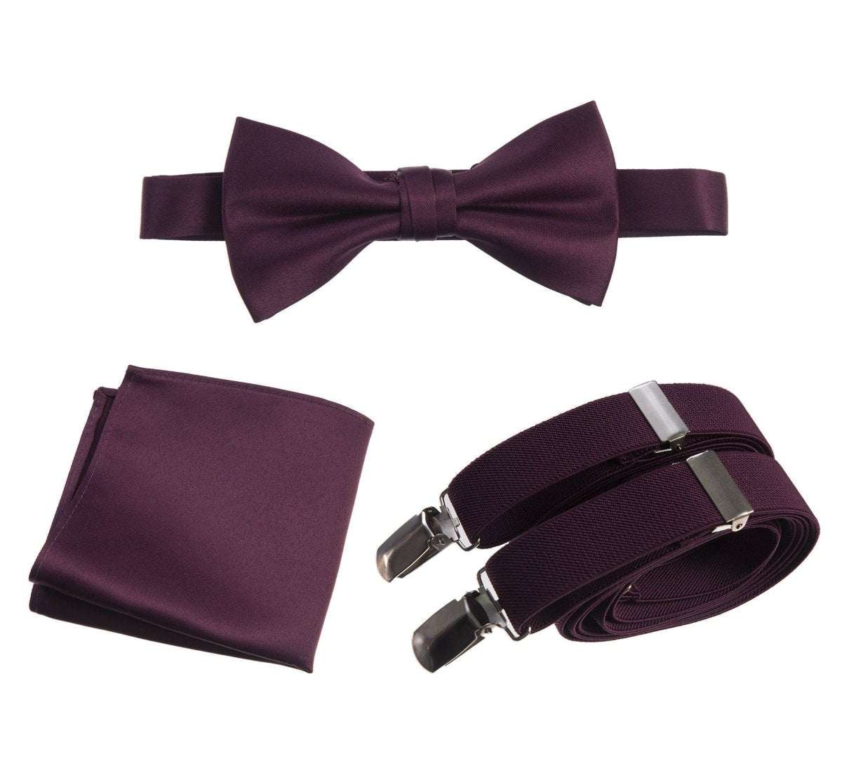 Pre - tied Satin Bow Tie & Pocket Square with Adjustable Stretch Elastic Suspender - Tuxgear