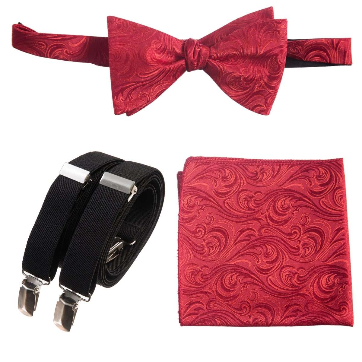 Self - tie Bow Tie & Pocket Square Paisley Jacquard with Adjustable Stretch Suspender - Tuxgear