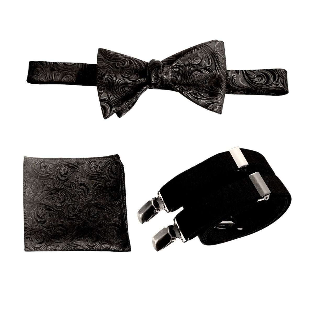 Self - tie Bow Tie & Pocket Square Paisley Jacquard with Adjustable Stretch Suspender - Tuxgear