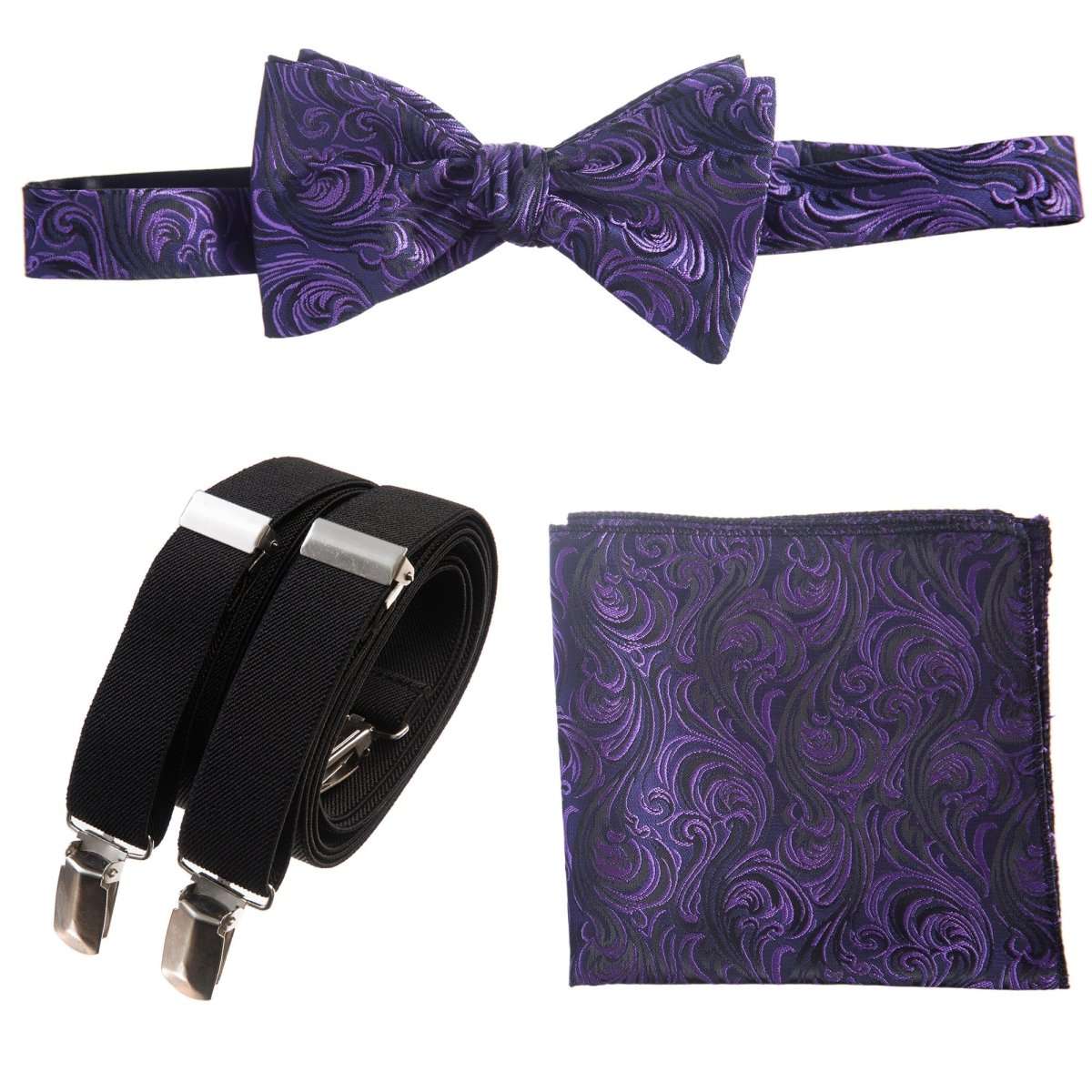 Self - tie Bow Tie & Pocket Square Paisley Jacquard with Adjustable Stretch Suspender - Tuxgear