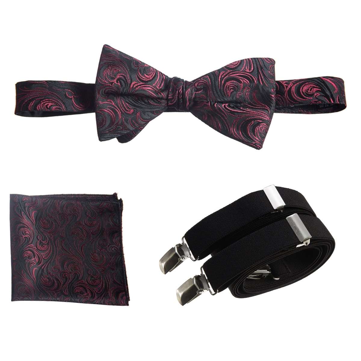 Self - tie Bow Tie & Pocket Square Paisley Jacquard with Adjustable Stretch Suspender - Tuxgear