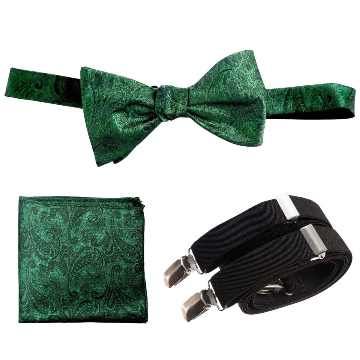 Self - tie Bow Tie & Pocket Square Paisley Jacquard with Adjustable Stretch Suspender - Tuxgear