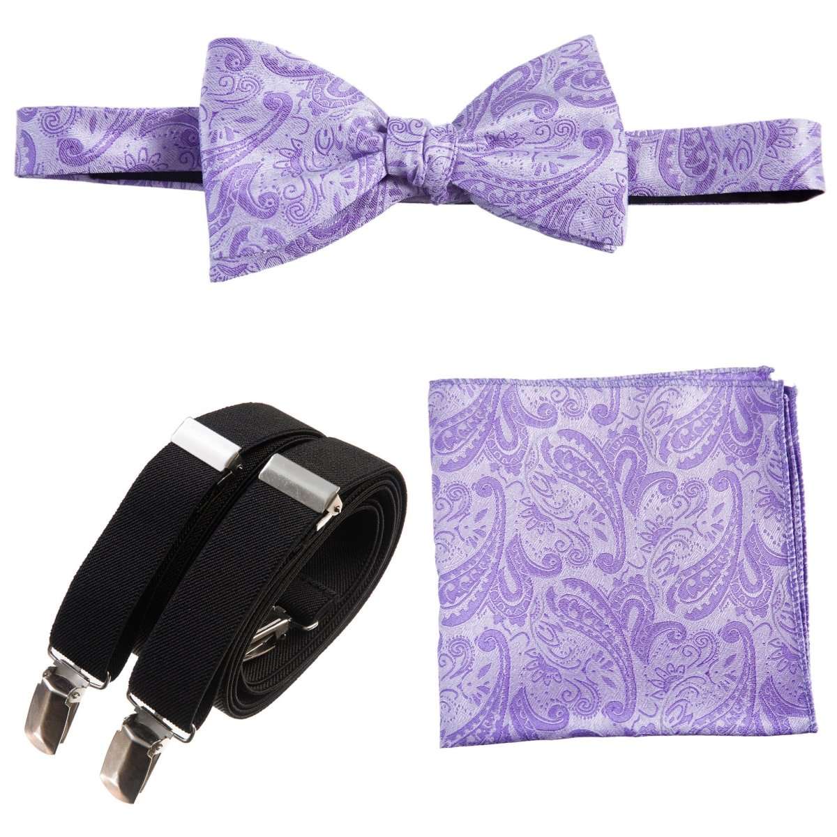 Self - tie Bow Tie & Pocket Square Paisley Jacquard with Adjustable Stretch Suspender - Tuxgear