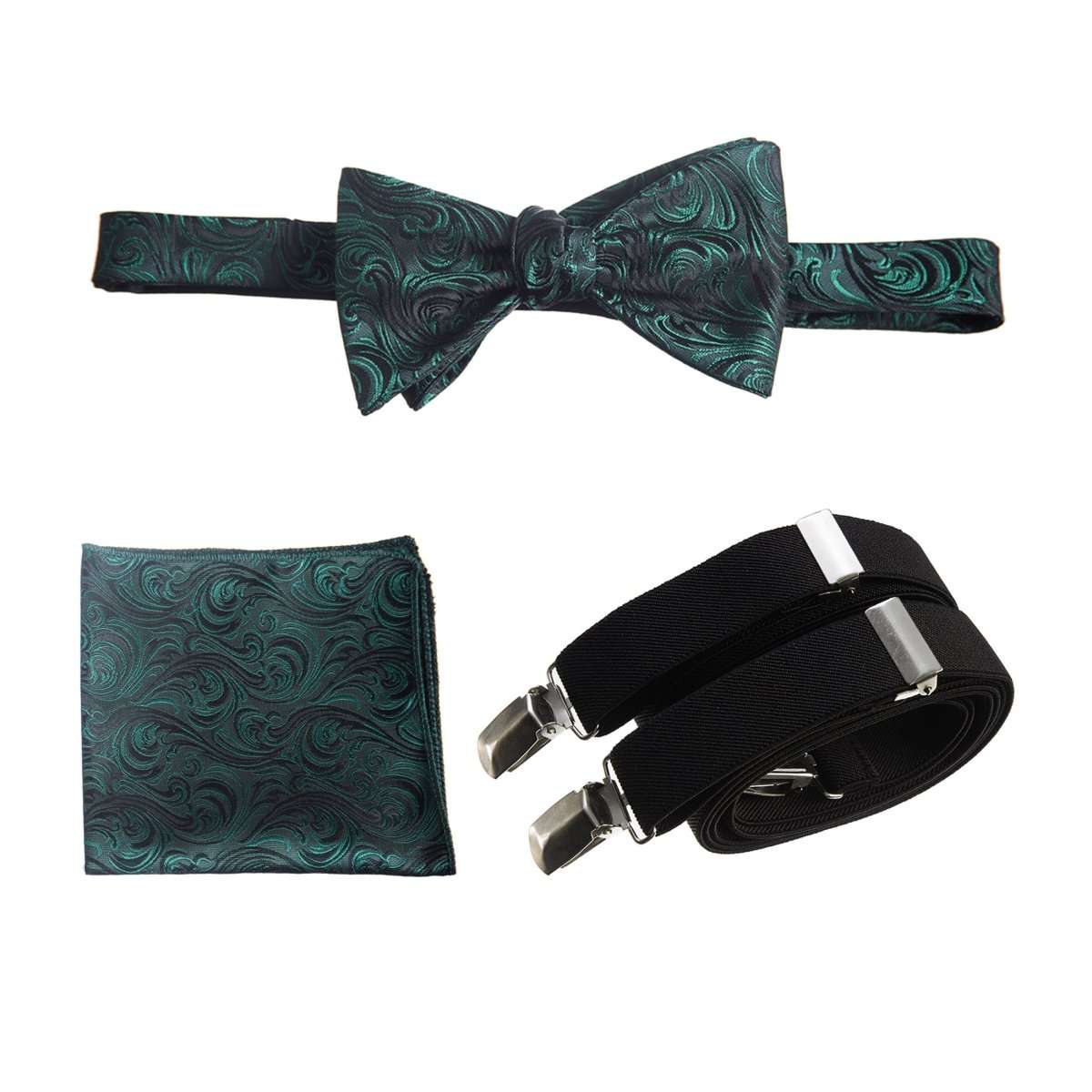 Self - tie Bow Tie & Pocket Square Paisley Jacquard with Adjustable Stretch Suspender - Tuxgear