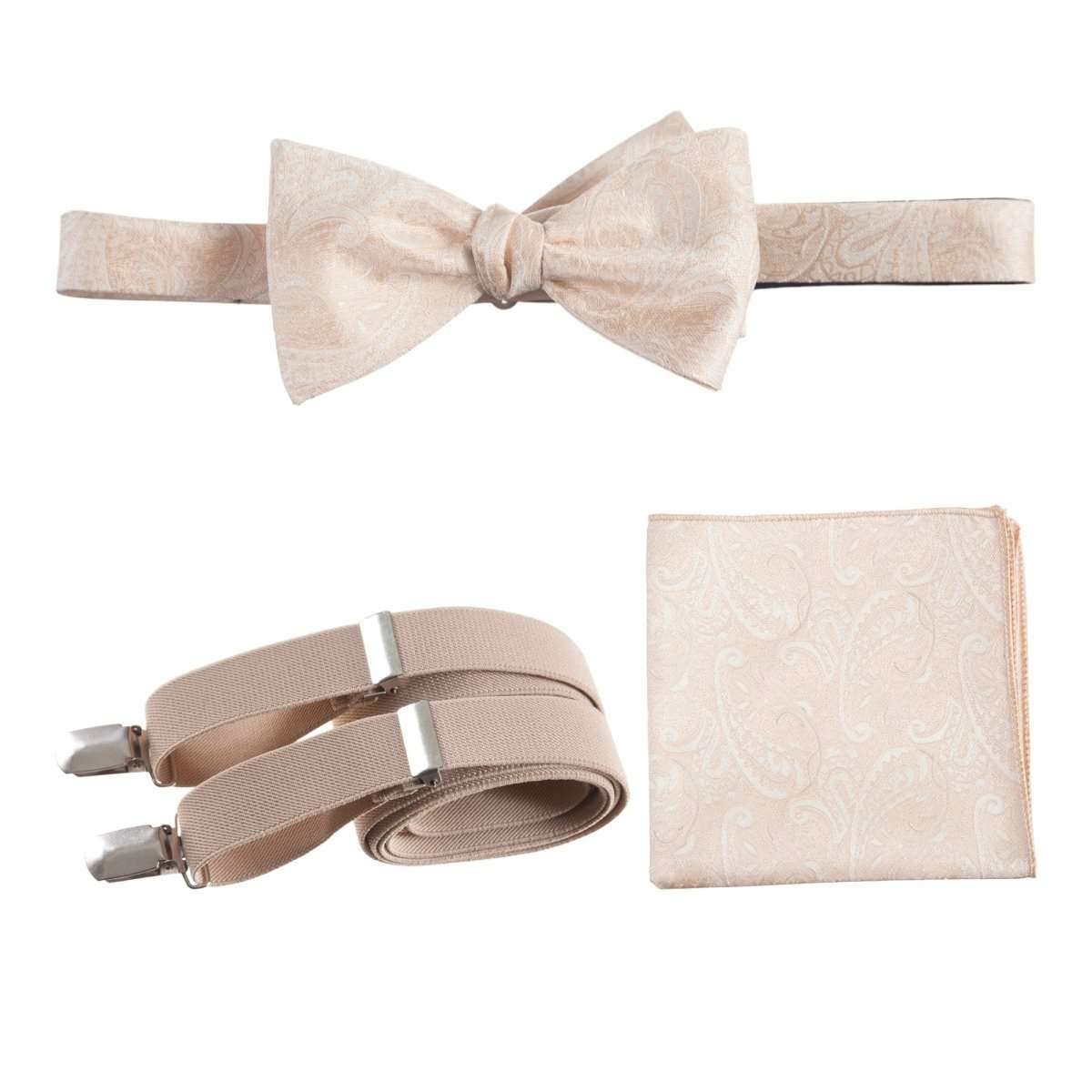 Self - tie Bow Tie & Pocket Square Paisley Jacquard with Adjustable Stretch Suspender - Tuxgear