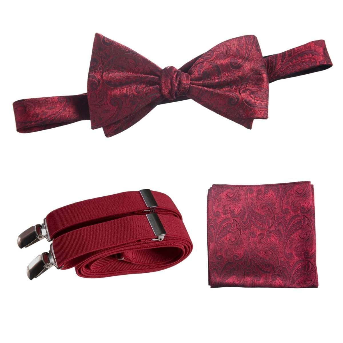 Self - tie Bow Tie & Pocket Square Paisley Jacquard with Adjustable Stretch Suspender - Tuxgear