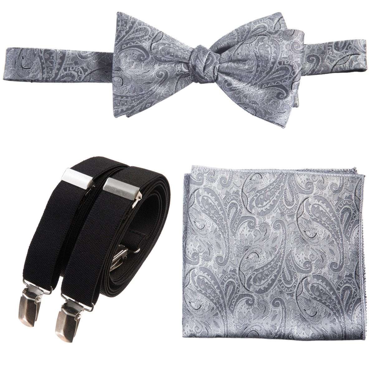 Self - tie Bow Tie & Pocket Square Paisley Jacquard with Adjustable Stretch Suspender - Tuxgear