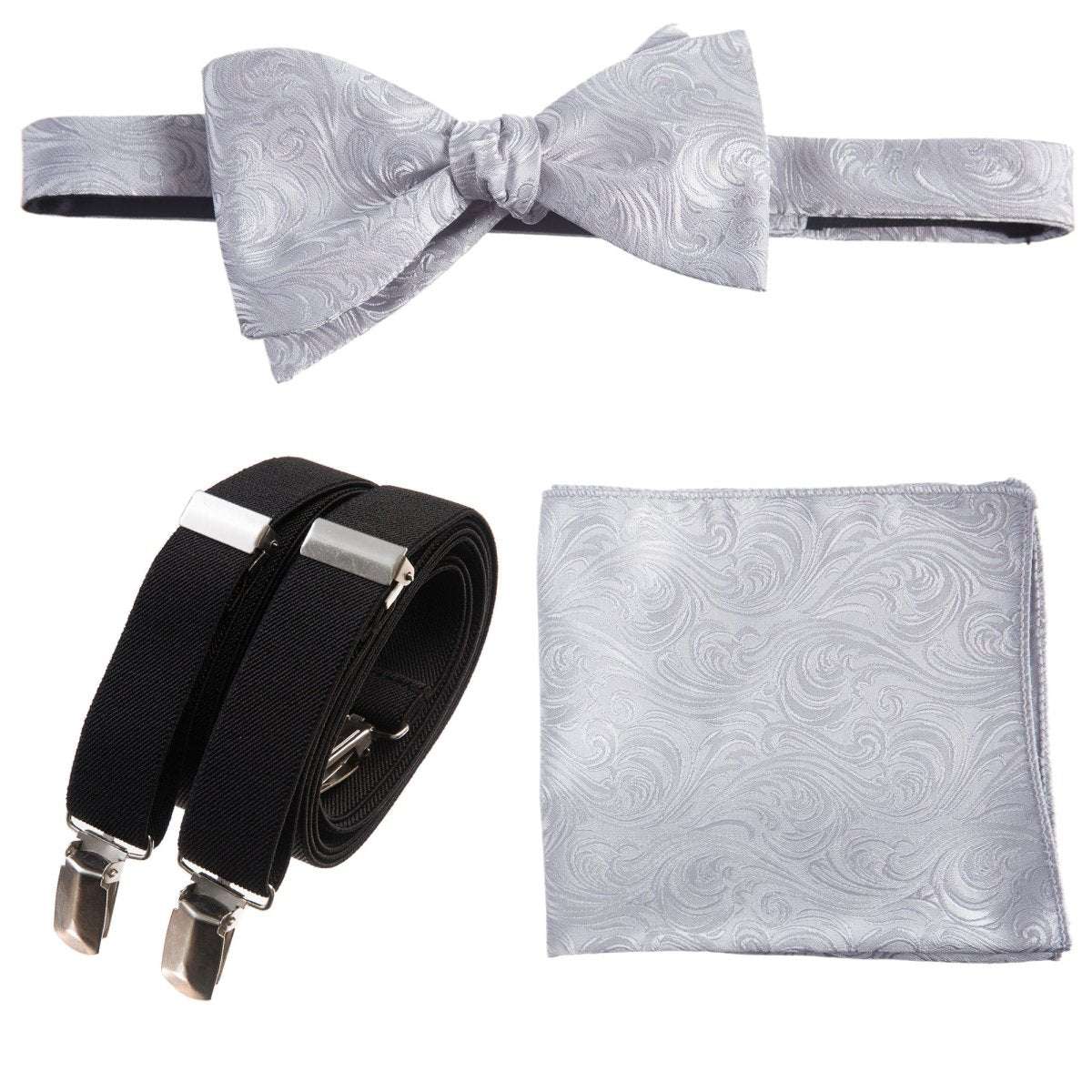 Self - tie Bow Tie & Pocket Square Paisley Jacquard with Adjustable Stretch Suspender - Tuxgear
