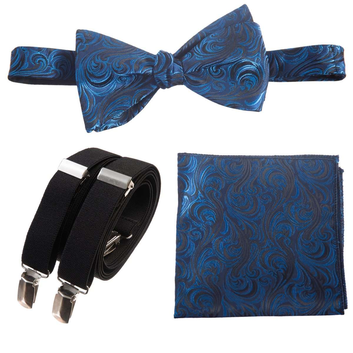 Self - tie Bow Tie & Pocket Square Paisley Jacquard with Adjustable Stretch Suspender - Tuxgear