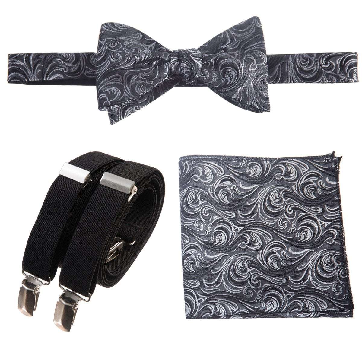 Self - tie Bow Tie & Pocket Square Paisley Jacquard with Adjustable Stretch Suspender - Tuxgear