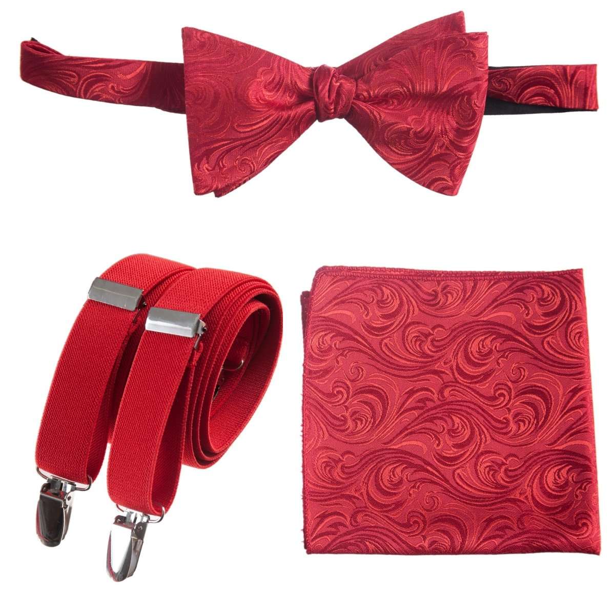 Self - tie Bow Tie & Pocket Square Paisley Jacquard with Adjustable Stretch Suspender - Tuxgear