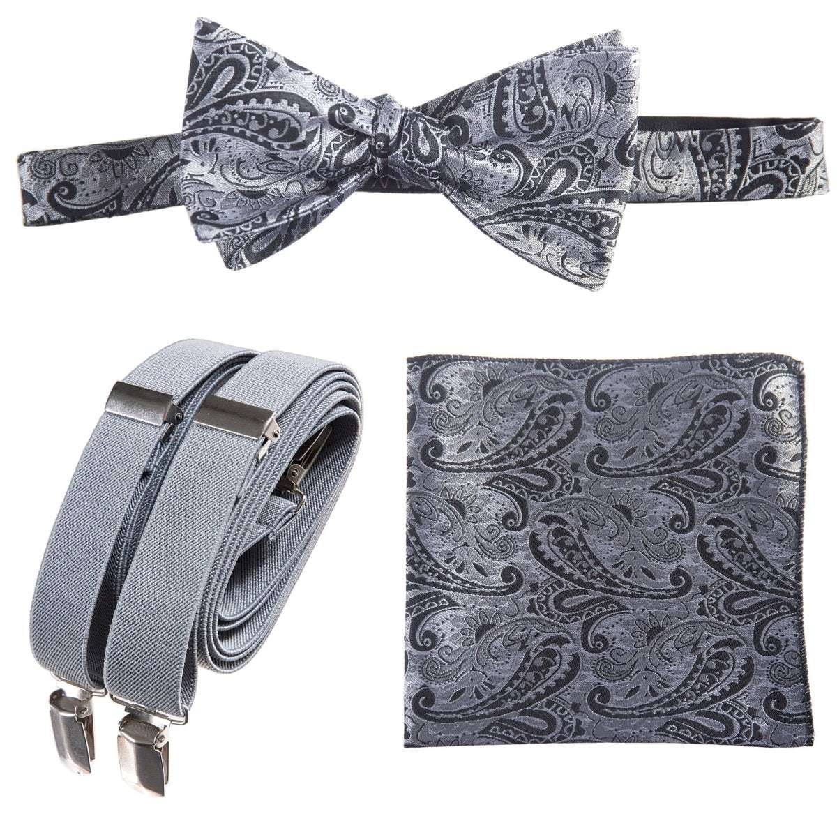 Self - tie Bow Tie & Pocket Square Paisley Jacquard with Adjustable Stretch Suspender - Tuxgear