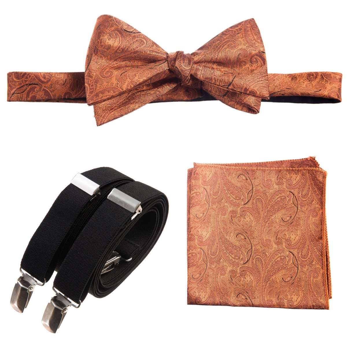 Self - tie Bow Tie & Pocket Square Paisley Jacquard with Adjustable Stretch Suspender - Tuxgear