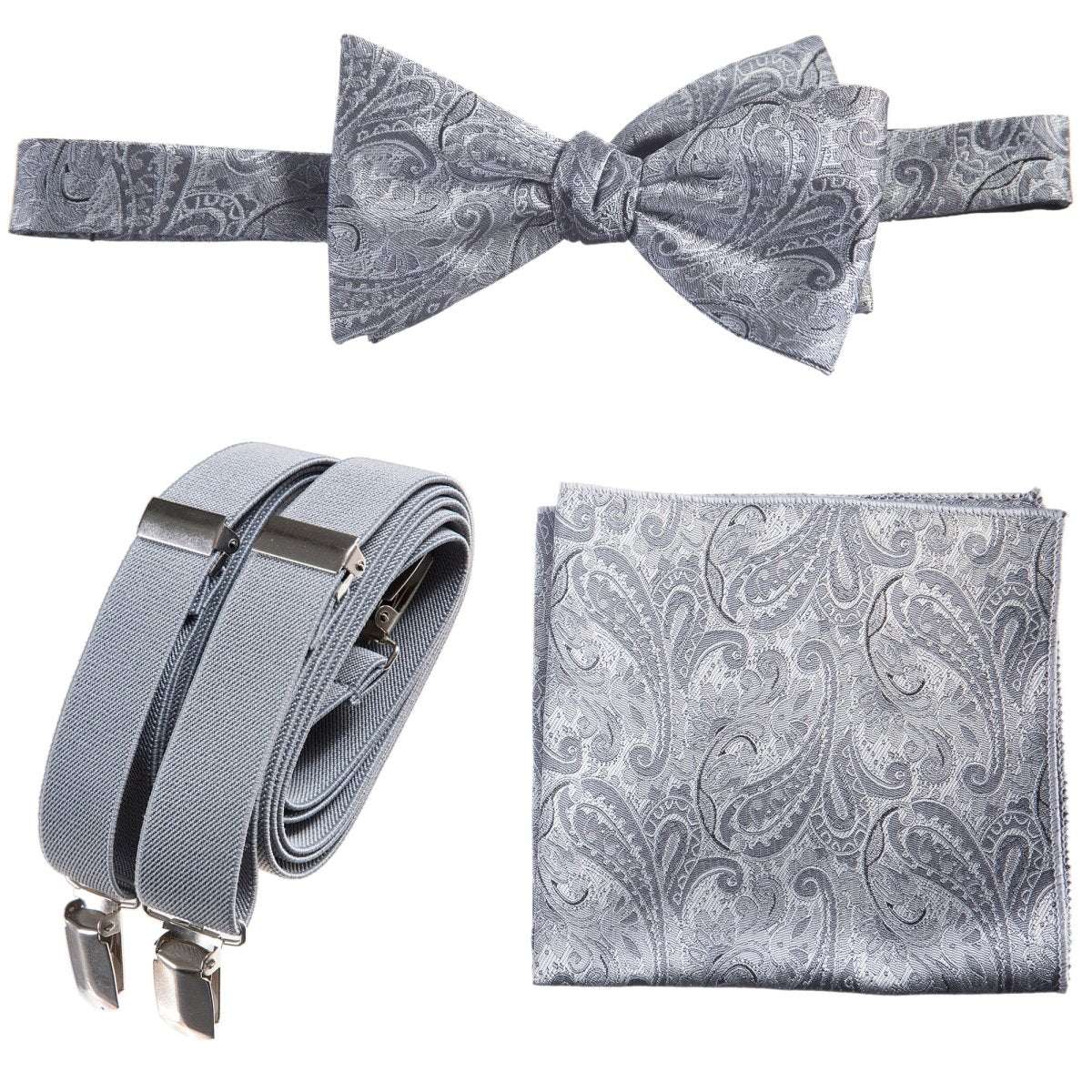 Self - tie Bow Tie & Pocket Square Paisley Jacquard with Adjustable Stretch Suspender - Tuxgear