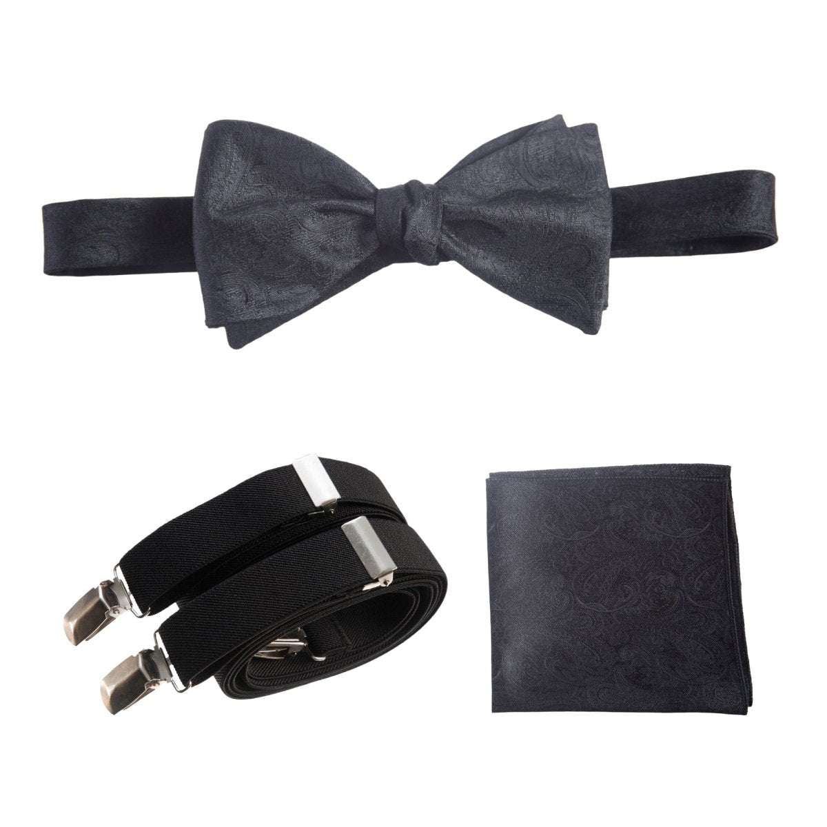 Self - tie Bow Tie & Pocket Square Paisley Jacquard with Adjustable Stretch Suspender - Tuxgear