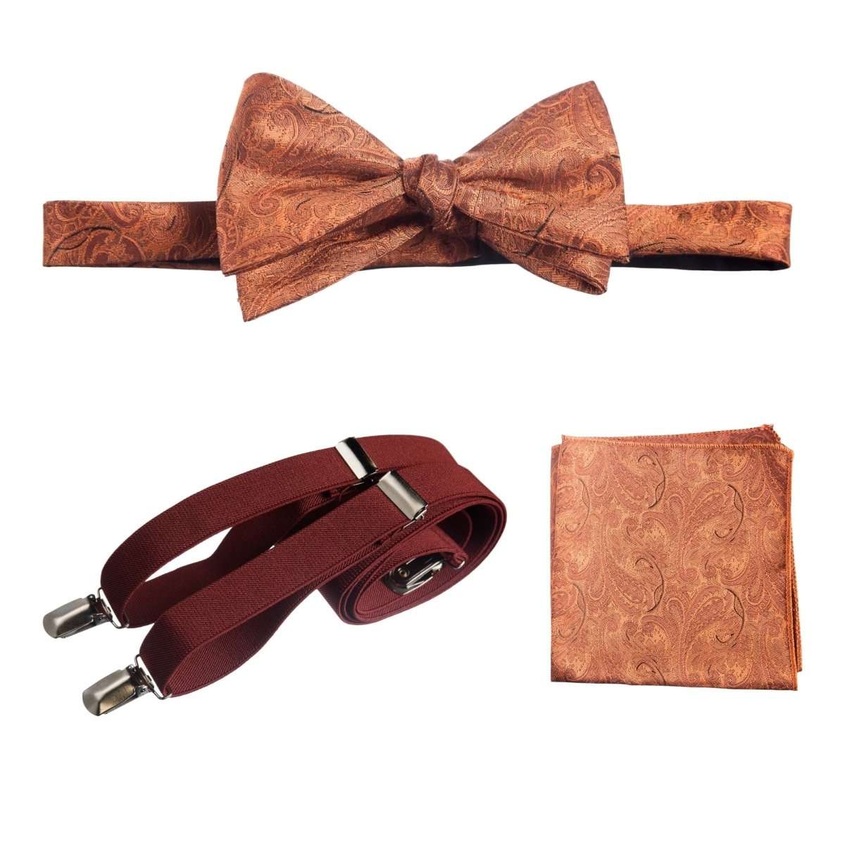 Self - tie Bow Tie & Pocket Square Paisley Jacquard with Adjustable Stretch Suspender - Tuxgear