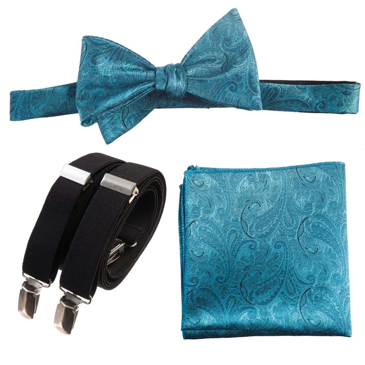 Self - tie Bow Tie & Pocket Square Paisley Jacquard with Adjustable Stretch Suspender - Tuxgear