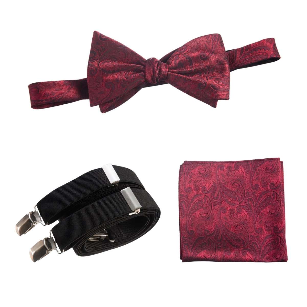 Self - tie Bow Tie & Pocket Square Paisley Jacquard with Adjustable Stretch Suspender - Tuxgear