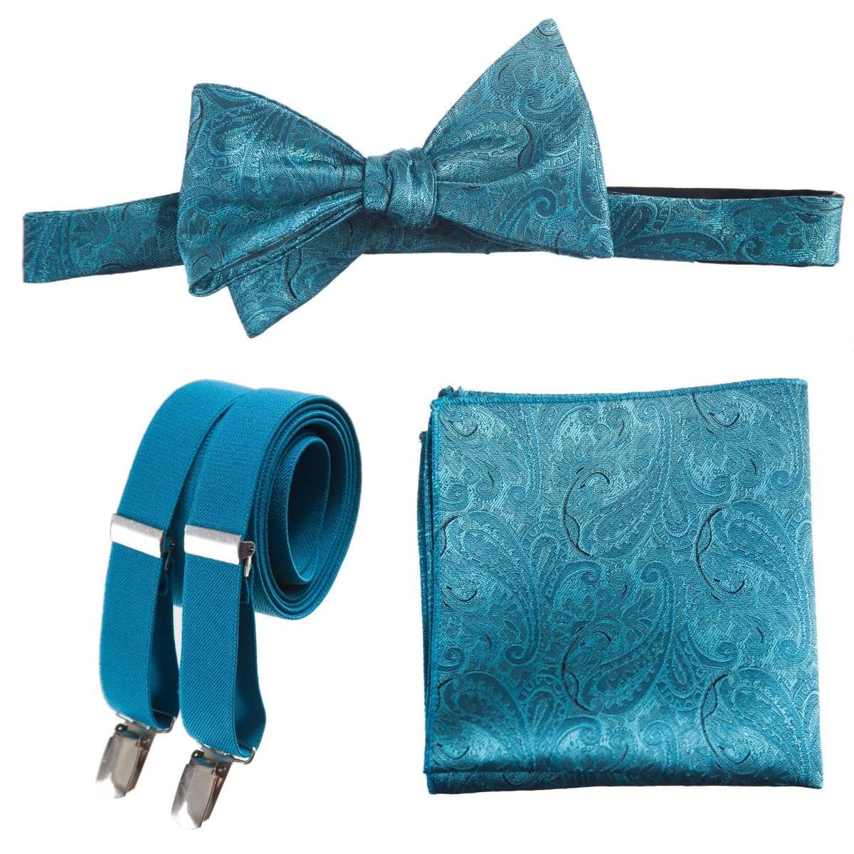 Self - tie Bow Tie & Pocket Square Paisley Jacquard with Adjustable Stretch Suspender - Tuxgear