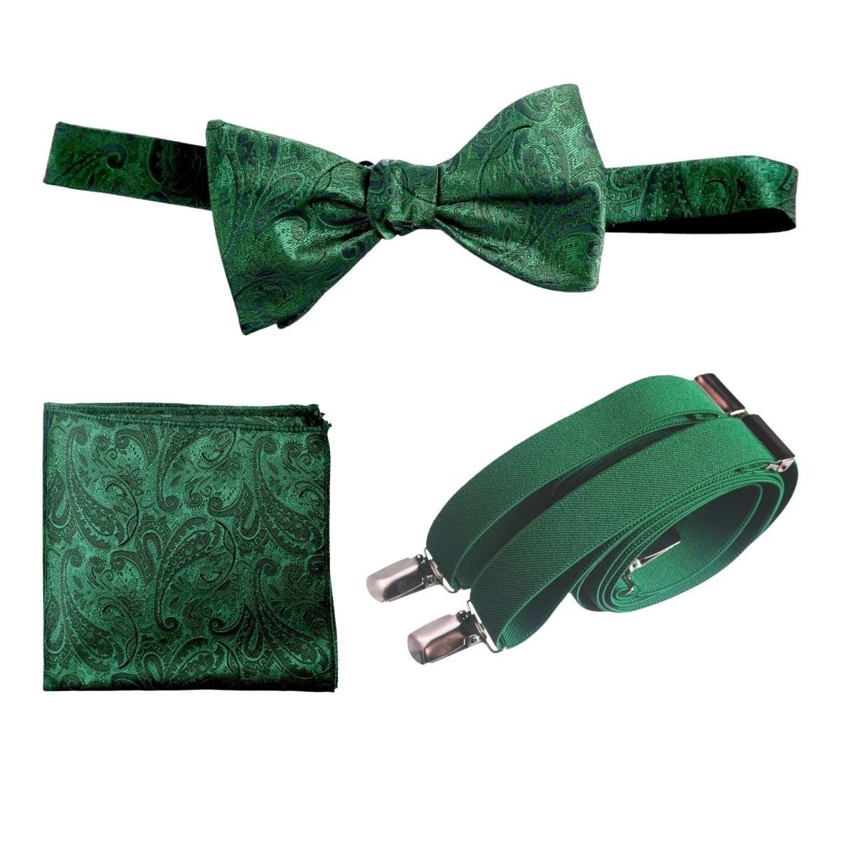 Self - tie Bow Tie & Pocket Square Paisley Jacquard with Adjustable Stretch Suspender - Tuxgear