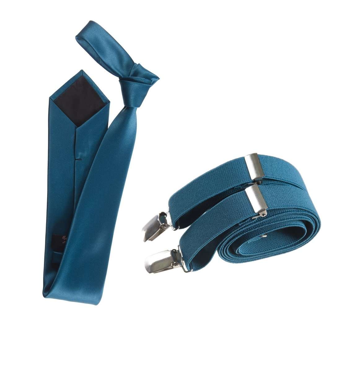 Self - Tie Satin Necktie with Matching Elastic Suspender - X Back Design - Tuxgear