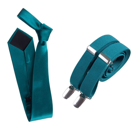 Self - Tie Satin Necktie with Matching Elastic Suspender - X Back Design - Tuxgear