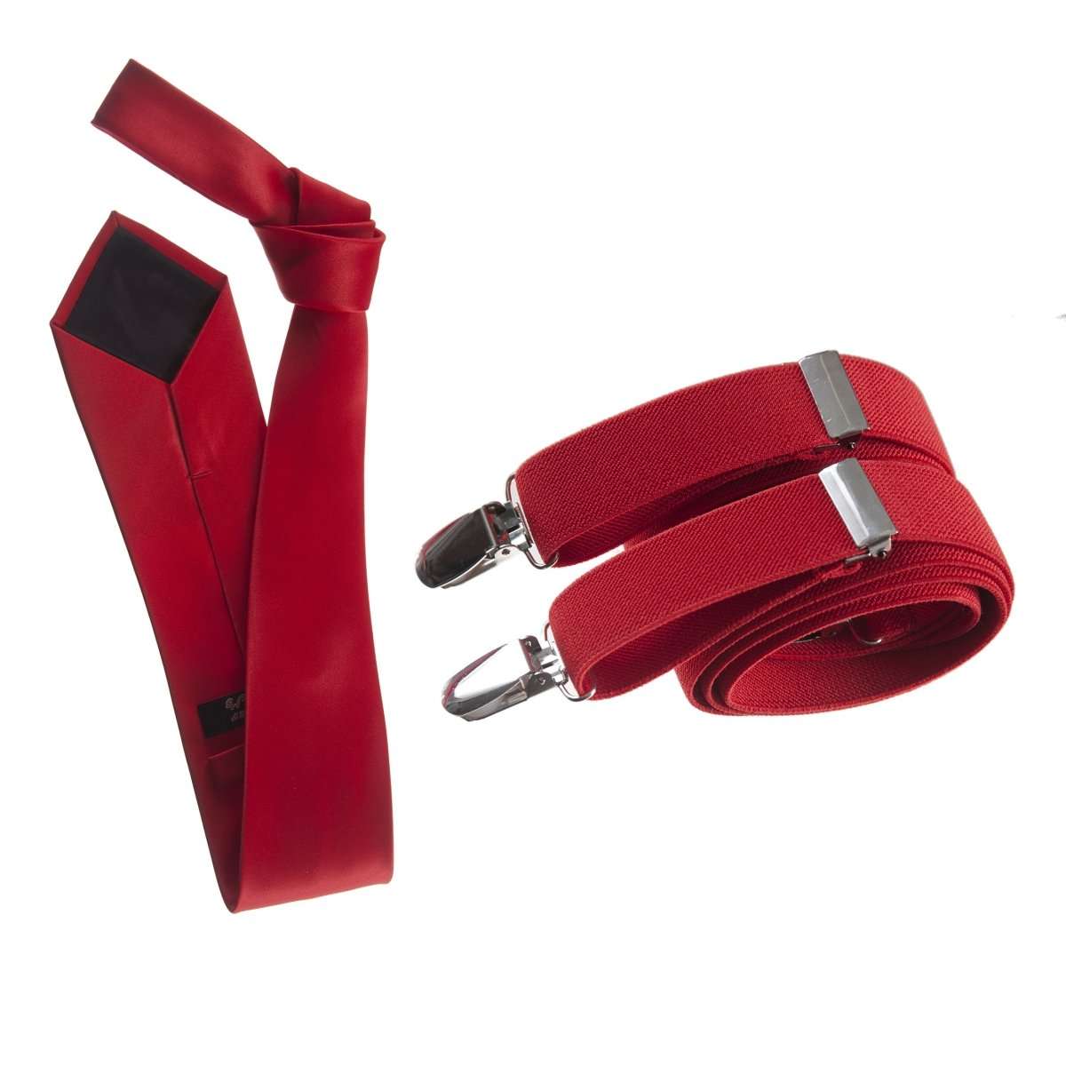 Self - Tie Satin Necktie with Matching Elastic Suspender - X Back Design - Tuxgear