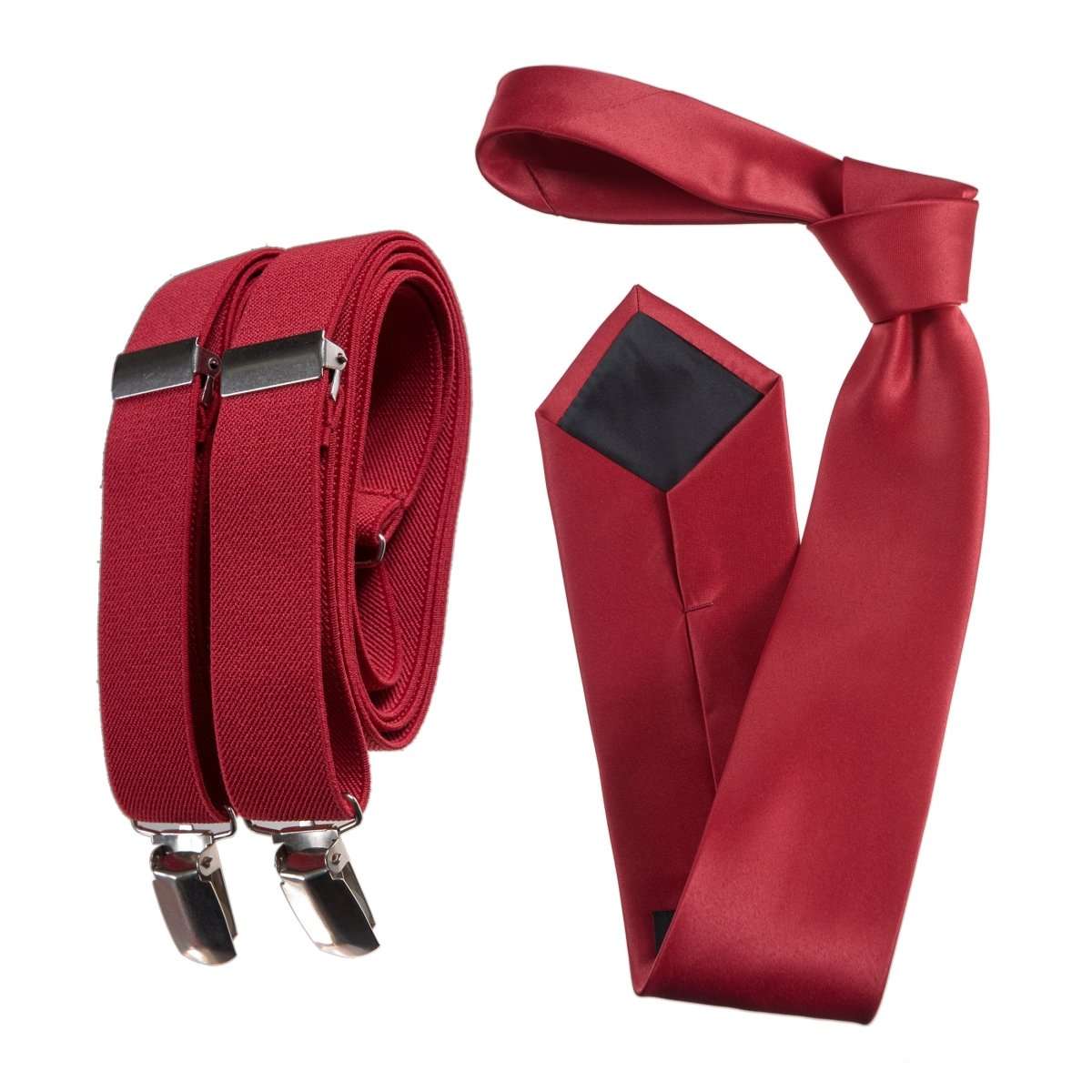 Self - Tie Satin Necktie with Matching Elastic Suspender - X Back Design - Tuxgear