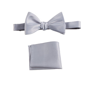 Silver Selftie Bow Tie and Pocket Square Handkerchief Set for Men