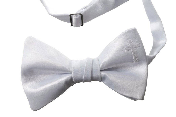 Bow Tie White Embroidered Religious Cross Adjustable for Boys First Holy Communion - Tuxgear