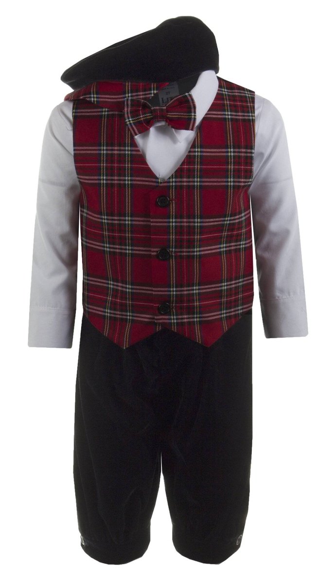Boys Black Velvet Knickers with Plaid Holiday Vest and Pageboy Hat - Tuxgear