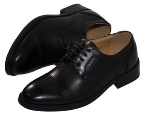 Boys Matte Black Cap Toe Lace up Dress Shoes - Tuxgear