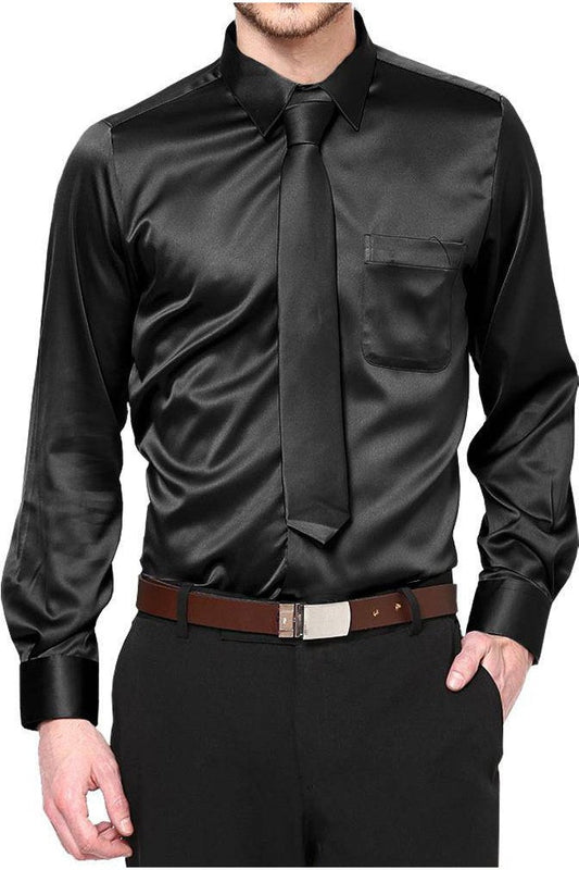Boys Satin Long Sleeve Dress Shirt with Tie & Pocket Square - Tuxgear