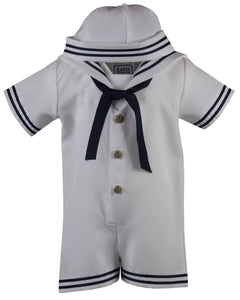 Infant Toddler White with Navy Blue Vintage Cruise Romper Outfit with Sailor Hat - Tuxgear