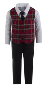 Kids Black Pant Set with Red Plaid Holiday Vest Set - Tuxgear