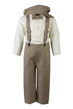 Load image into Gallery viewer, Kids Colored Suspender Pant Set with Pageboy Cap and Bow Tie - Tuxgear
