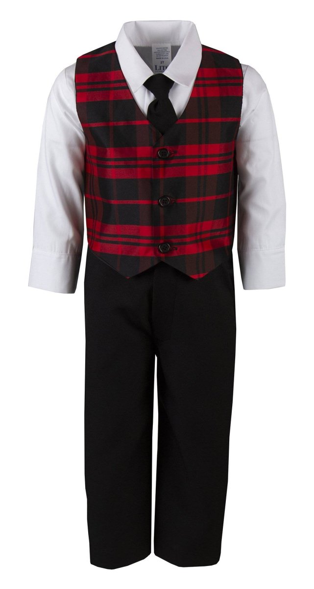 Kids Red or Green Plaid Designer Holiday Pant Set with Vest and Tie - Tuxgear