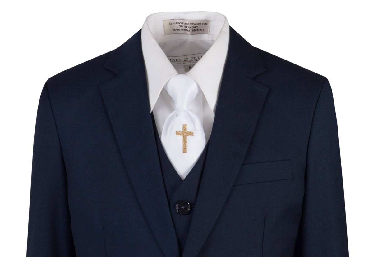 Navy Blue Slim Fit Communion Suit Religious Cross Neck Tie Boys Youth Sizes - Tuxgear