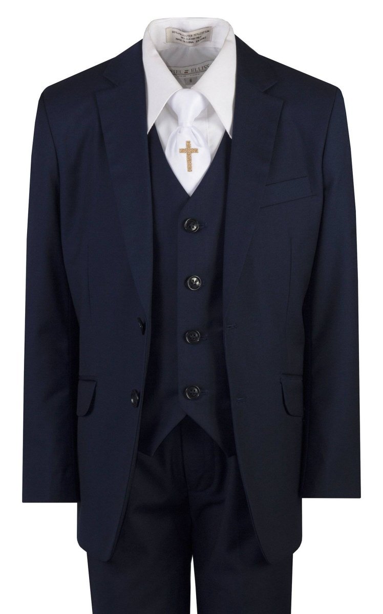 Navy Blue Slim Fit Communion Suit Religious Cross Neck Tie Boys Youth Sizes - Tuxgear