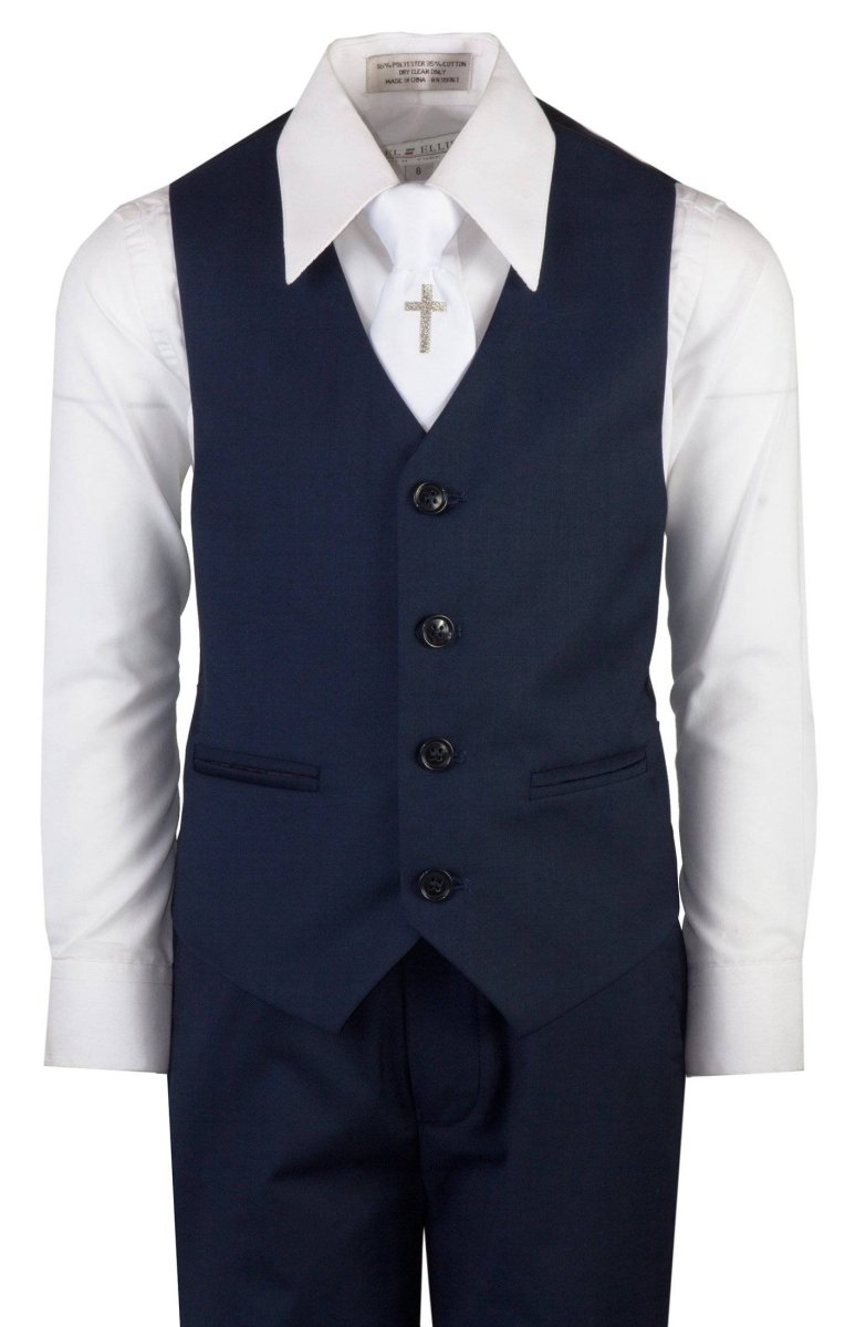 Navy Blue Slim Fit Communion Suit Religious Cross Neck Tie Boys Youth Sizes - Tuxgear