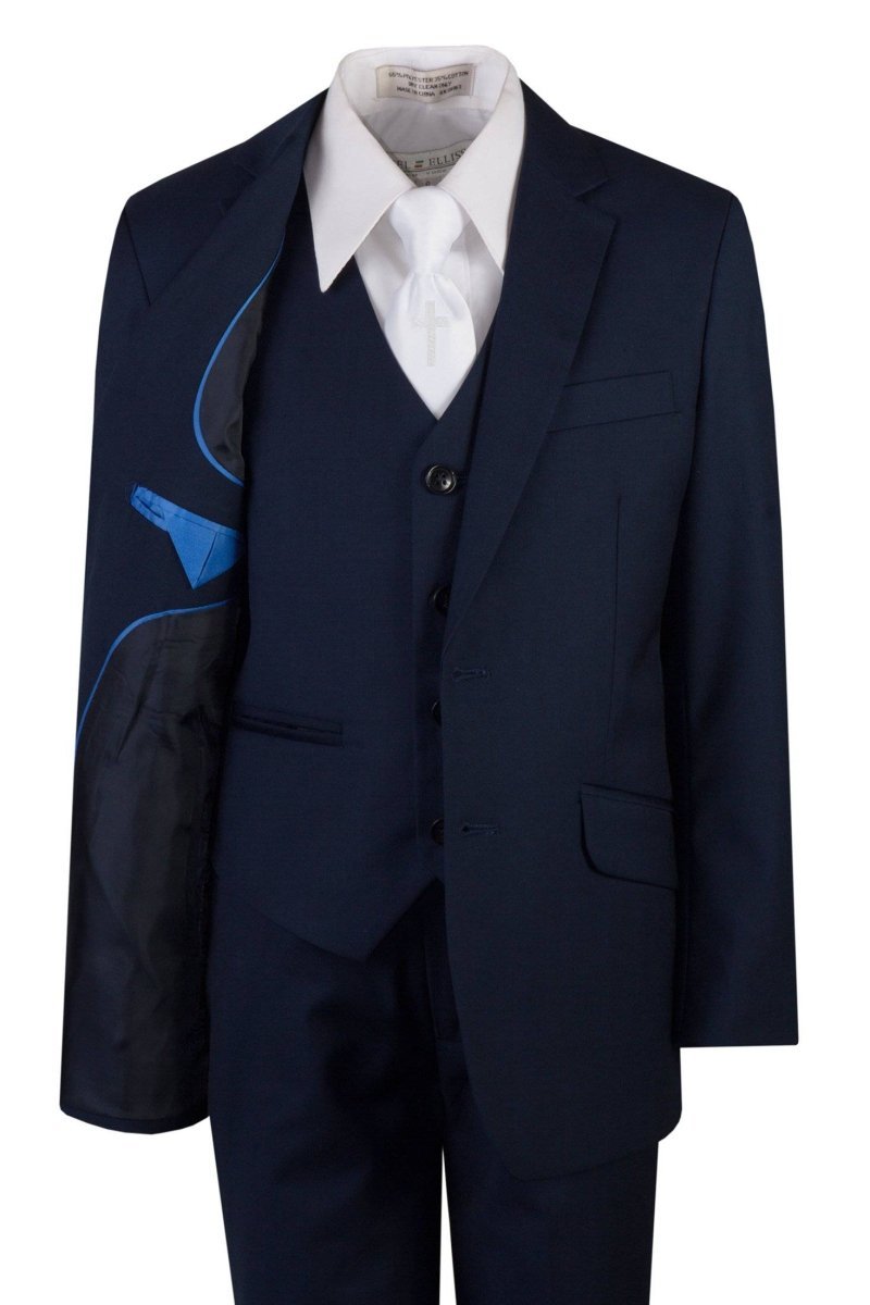 Navy Blue Slim Fit Communion Suit Religious Cross Neck Tie Boys Youth Sizes - Tuxgear