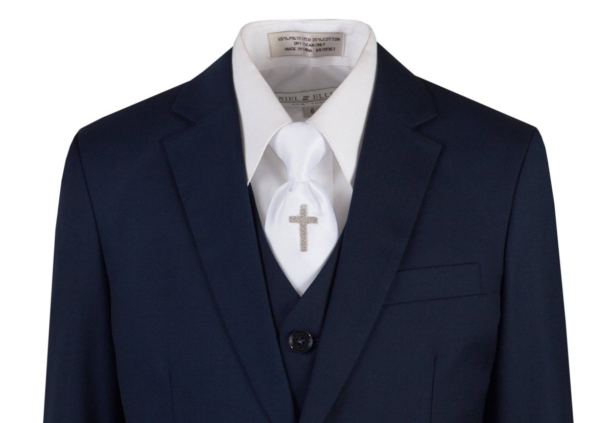 Navy Blue Slim Fit Communion Suit Religious Cross Neck Tie Boys Youth Sizes - Tuxgear
