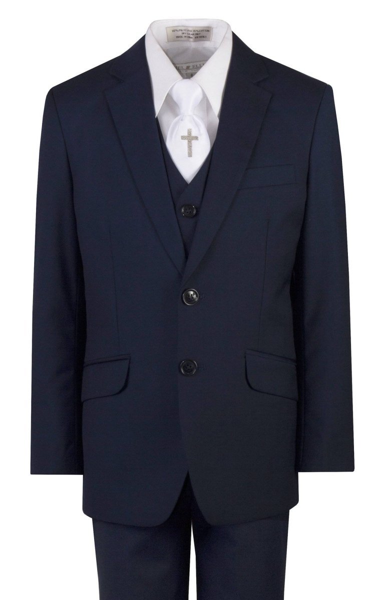 Navy Blue Slim Fit Communion Suit Religious Cross Neck Tie Boys Youth Sizes - Tuxgear