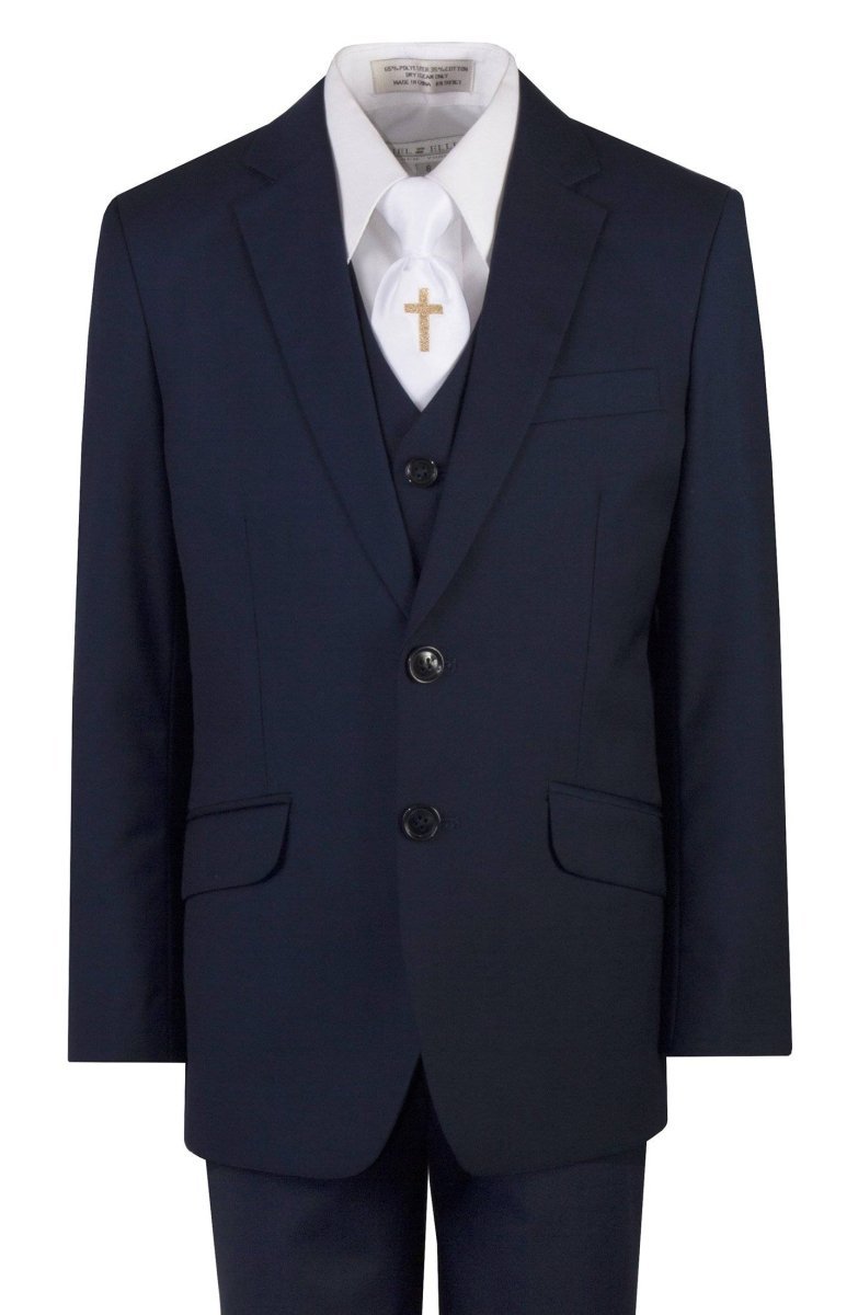 Navy Blue Slim Fit Communion Suit Religious Cross Neck Tie Boys Youth Sizes - Tuxgear
