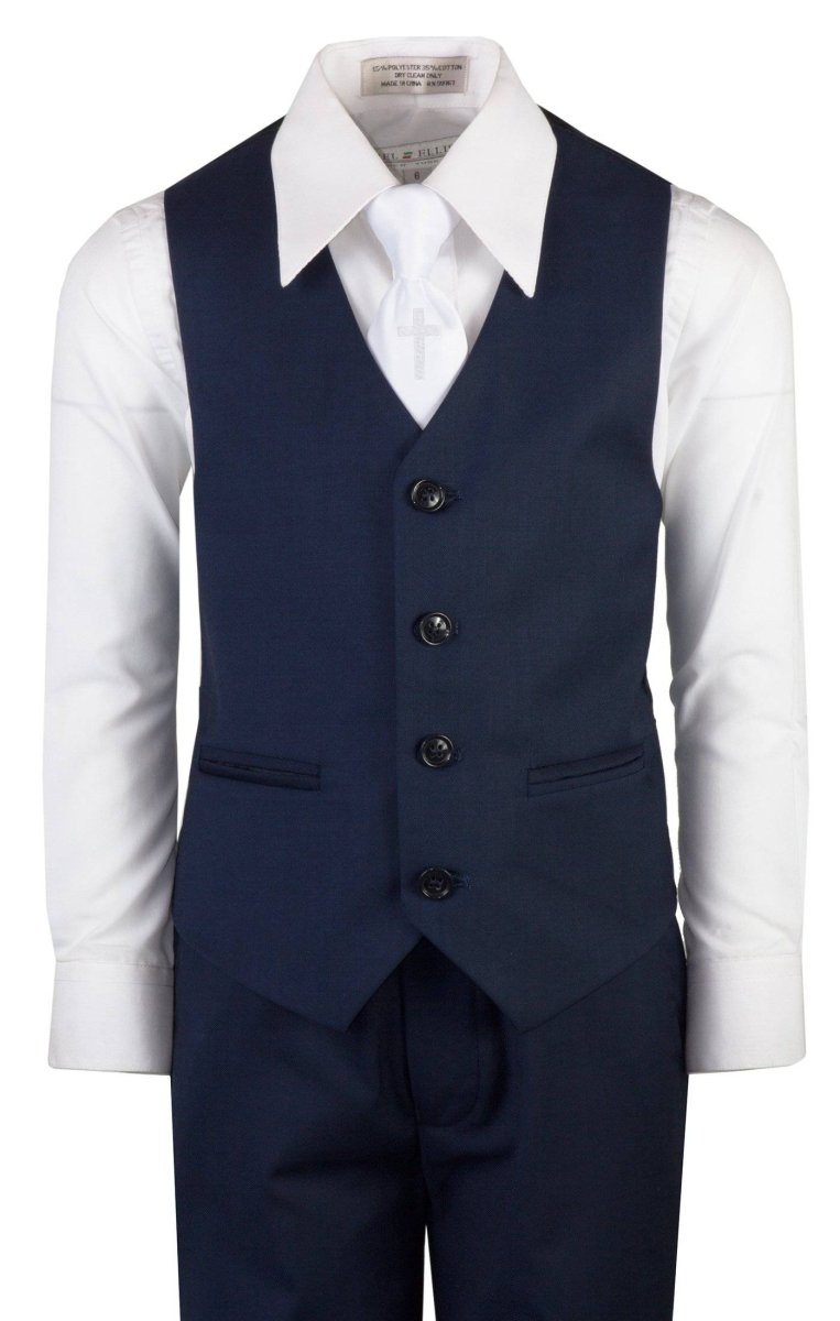 Navy Blue Slim Fit Communion Suit Religious Cross Neck Tie Boys Youth Sizes - Tuxgear