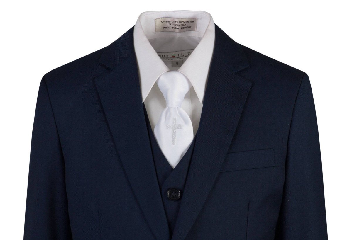 Navy Blue Slim Fit Communion Suit Religious Cross Neck Tie Boys Youth Sizes - Tuxgear
