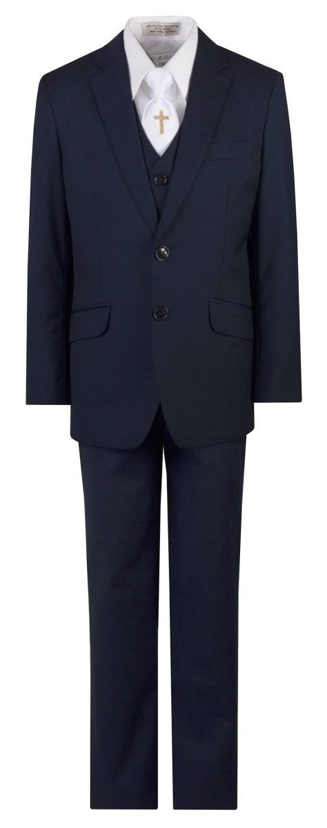 Navy Blue Slim Fit Communion Suit Religious Cross Neck Tie Boys Youth Sizes - Tuxgear