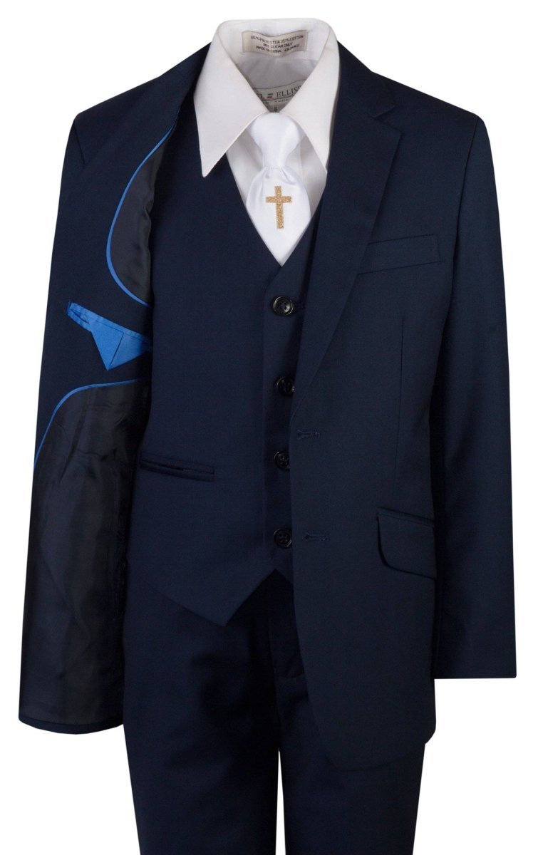 Navy Blue Slim Fit Communion Suit Religious Cross Neck Tie Boys Youth Sizes - Tuxgear