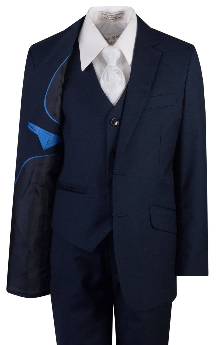 Navy Blue Slim Fit Suit Clergy Jacquard Neck Tie Boys and Youth Sizes - Tuxgear